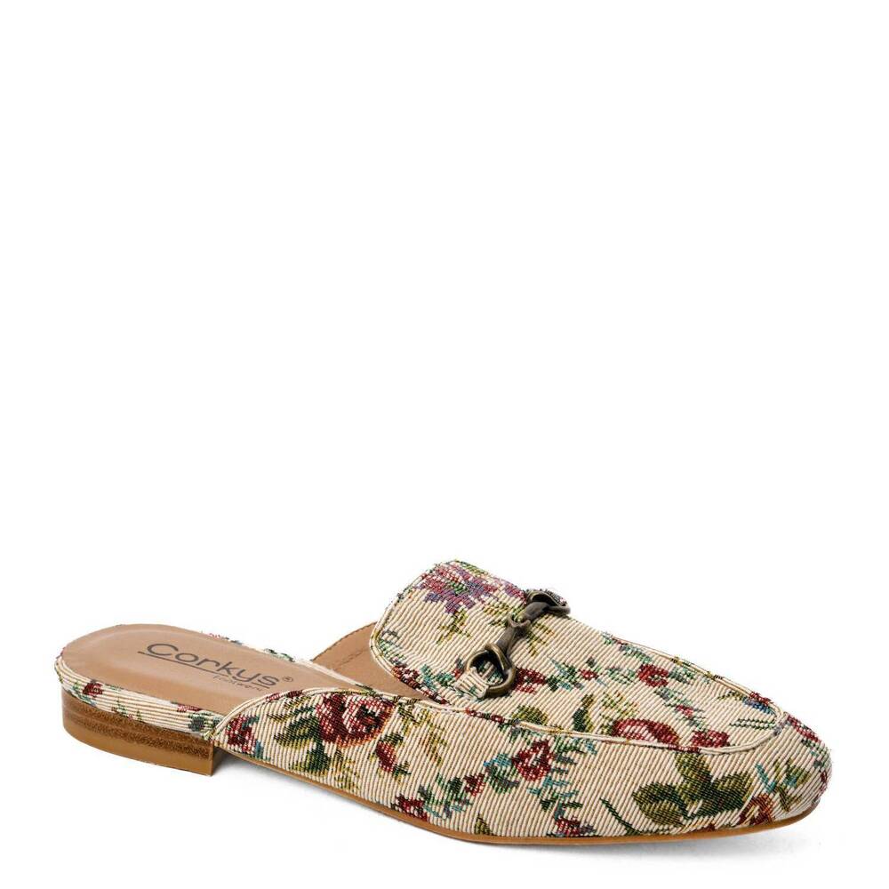 NEW CORKYS FOOTWEAR women's charmer floral mule in sand brocade floral